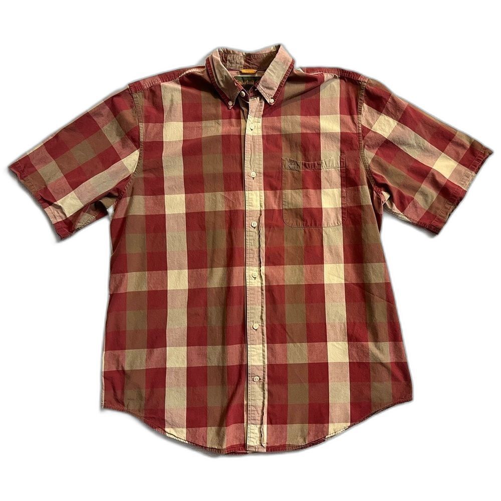 Timberland Men's Red and Tan Plaid Collared Full Button Up Shirt Size XL